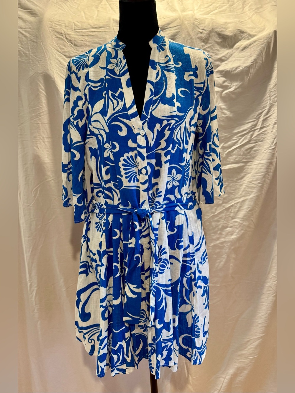 Zara Blue and White Floral Linen Mini Dress with Waist Tie